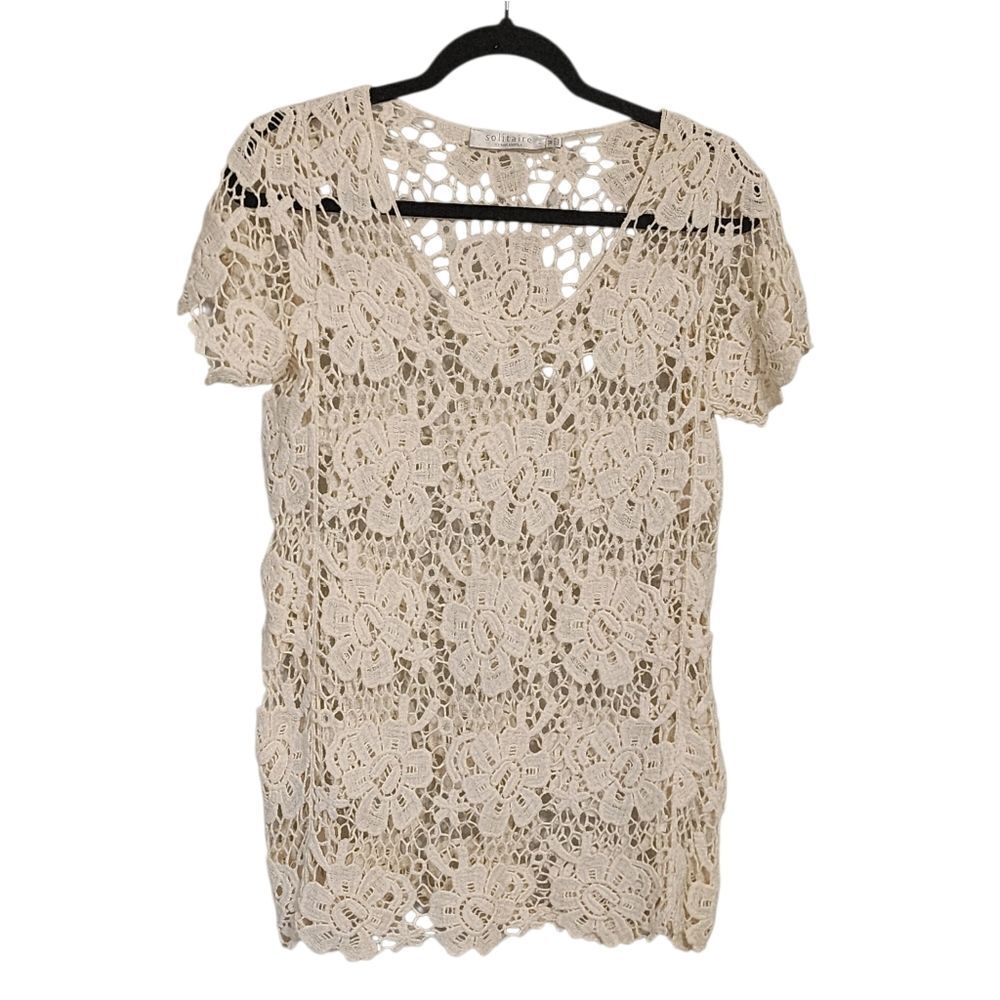 Solitaire Top M Ivory Full Crocheted Floral Lace Boho Beachy Western Cowgirl
